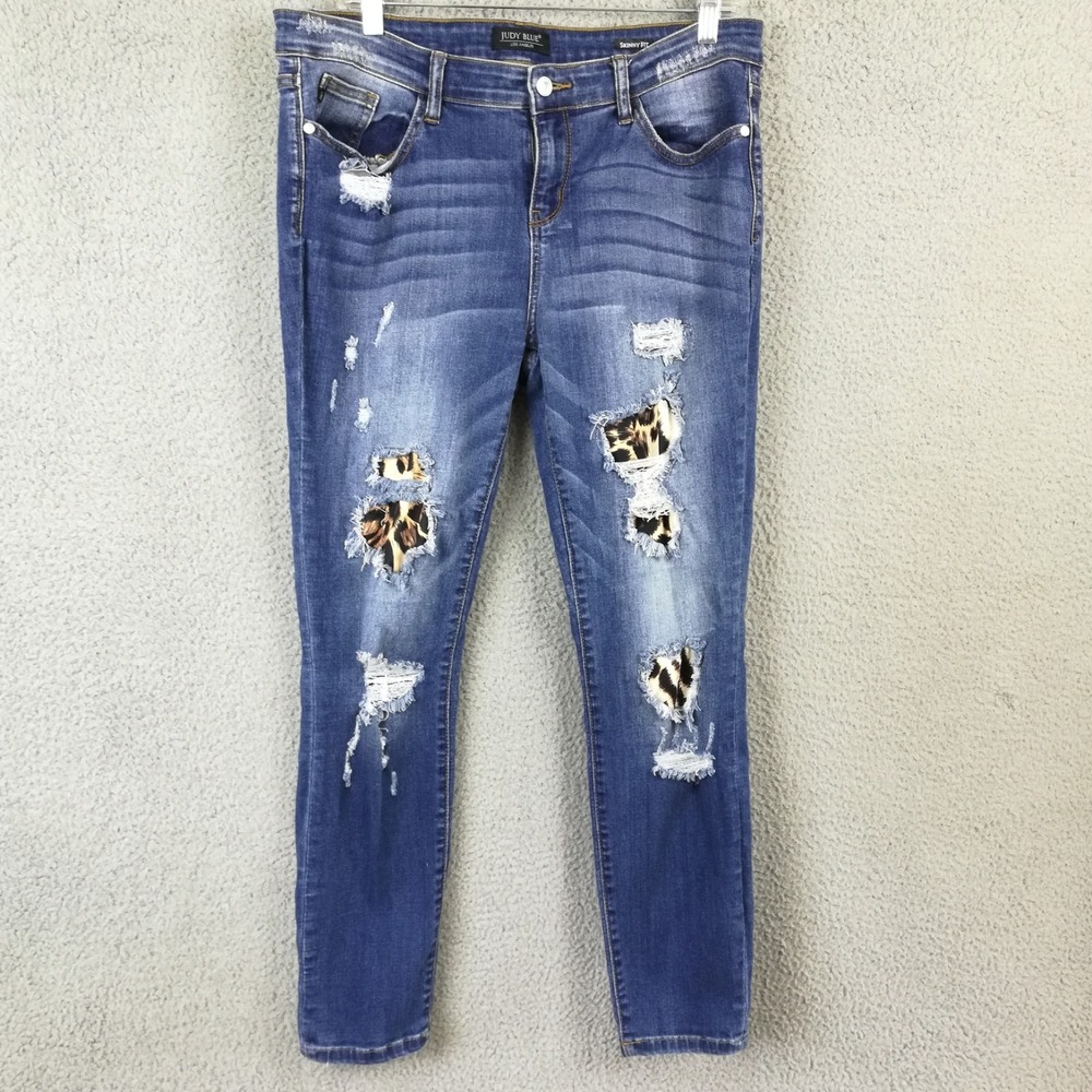 Judy Blue Womens Jeans Skinny Blue Denim Leopard Print Patchwork Distressed 15